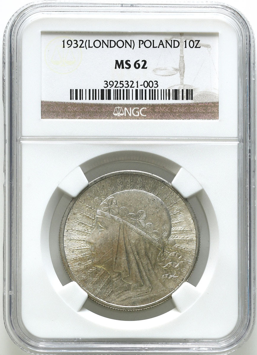 II RP. 10 złotych 1932 głowa kobiety (bez znaku), Londyn NGC MS62